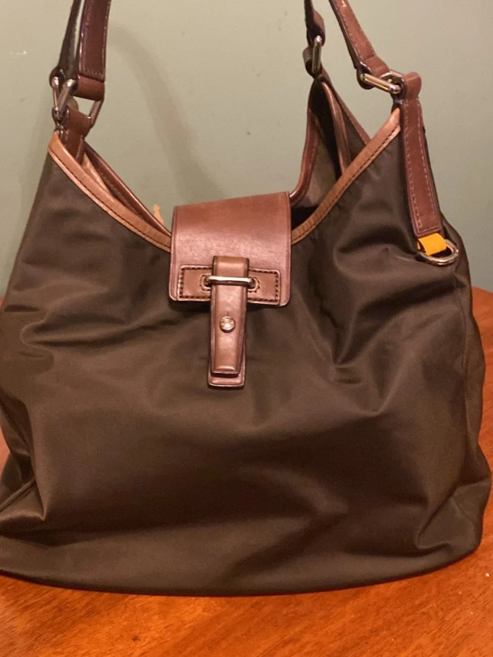 Tumi Dark Brown Nylon Shoulder Bag with Chestnut Leather Trim
